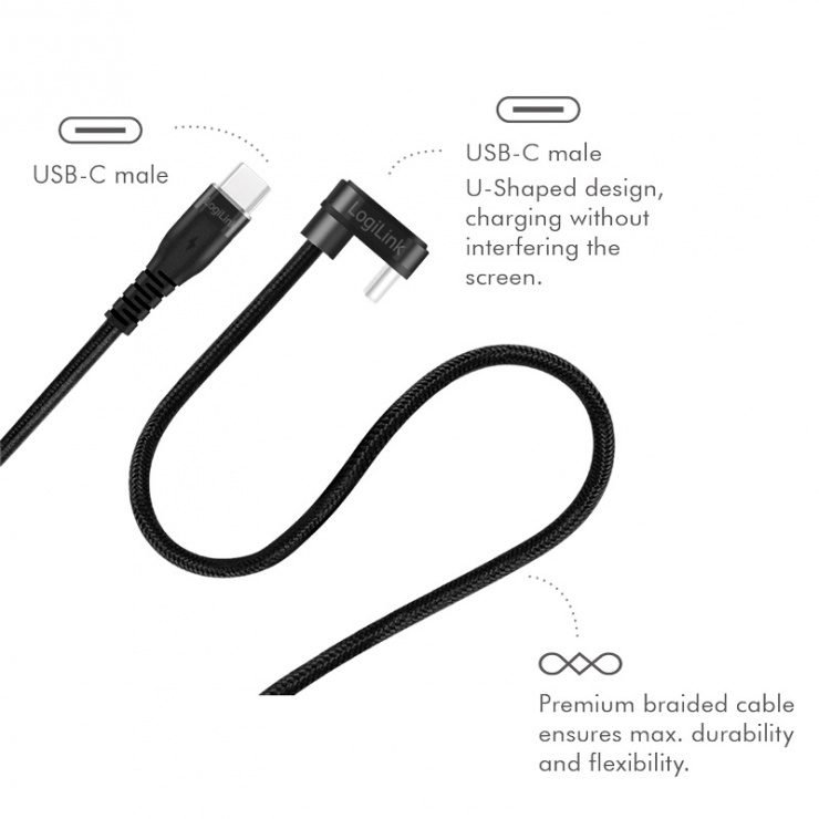 Imagine Cablu USB 2.0 type C drept/unghi 180 grade T-T 1m, Logilink CU0190