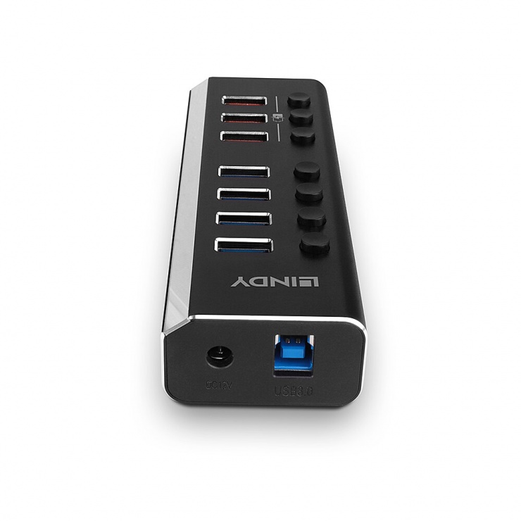 Imagine HUB USB 3.2 Gen1-A la 4 x USB-A + 3 x USB-A Fast Charging cu switch On/Off, Lindy L43371