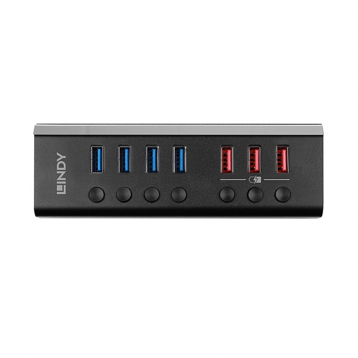 Imagine HUB USB 3.2 Gen1-A la 4 x USB-A + 3 x USB-A Fast Charging cu switch On/Off, Lindy L43371