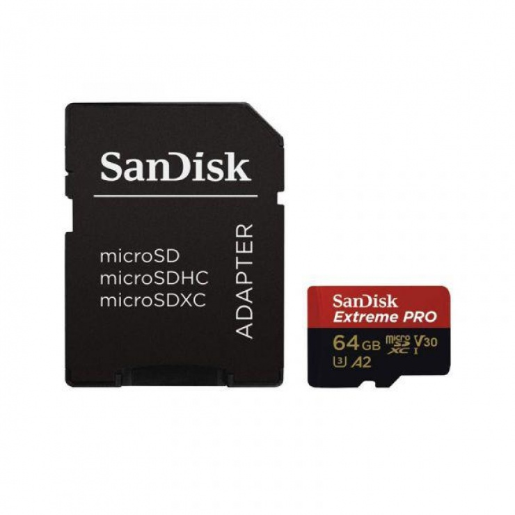 Imagine Card de memorie micro SDXC Sandisk Extreme 64GB clasa 10 + adaptor SD, SDSQXAH-064G-GN6MA