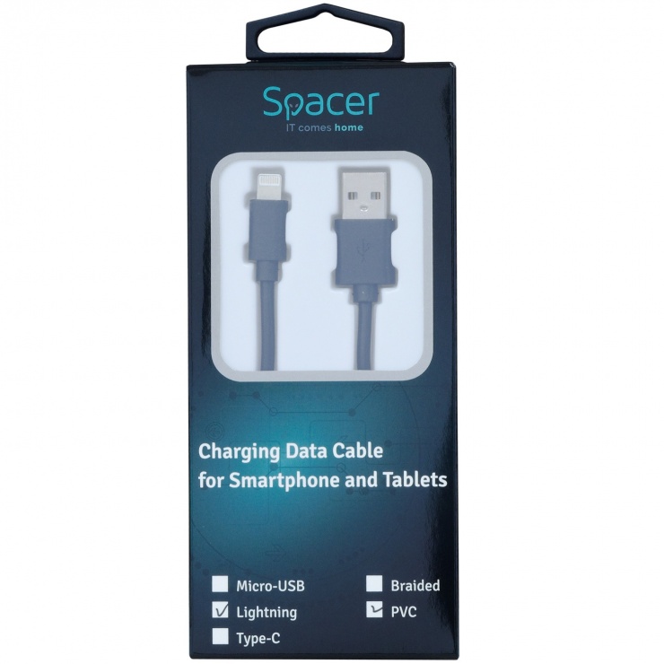 Imagine Cablu date + incarcare USB 2.0 la iPhone Lightning 0.5m Negru, Spacer SPDC-LIGHT-PVC-BK-0.5