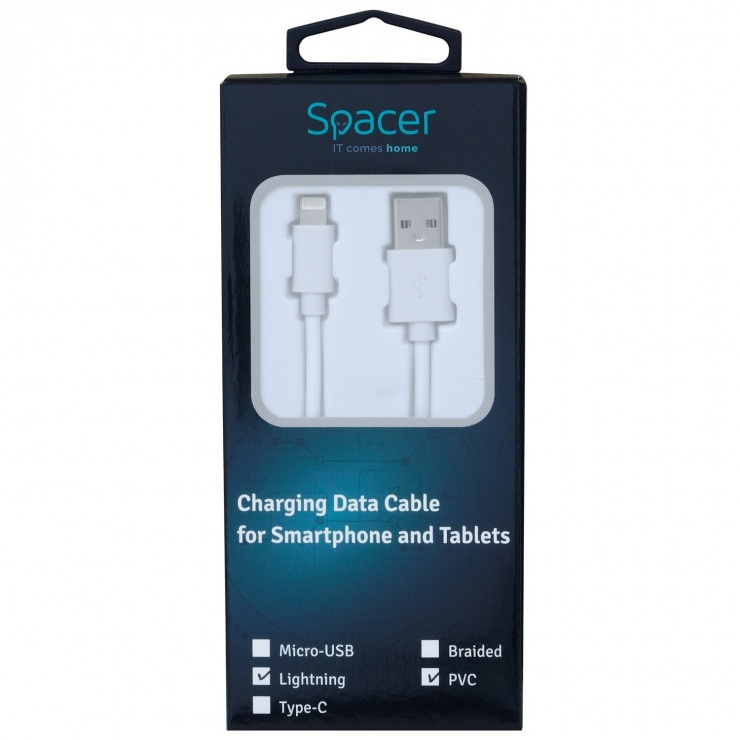 Imagine Cablu date + incarcare USB 2.0 la iPhone Lightning 1m Alb, Spacer SPDC-LIGHT-PVC-W-1.0