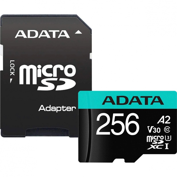 Imagine Card de memorie micro SDXC Premier Pro 256Gb clasa 10 UHS-I U3, ADATA AUSDX256GUI3V30SA2-RA1