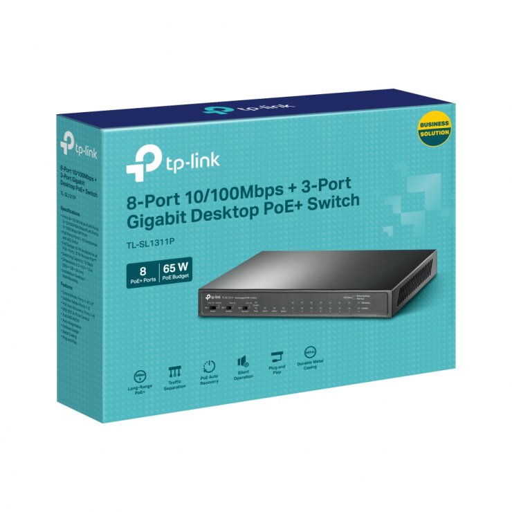 Imagine Switch 8 x 10/100Mbps + 2 x Gigabit + 1 x SPF Gigabit (din care 8 x PoE+), TP-LINK TL-SL1311P