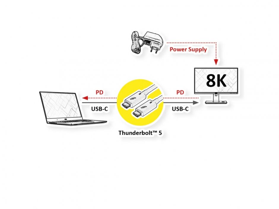 Imagine Cablu Thunderbolt 5 (USB type C) pasiv 8K60Hz 80Gbit/s 240W T-T 1m Negru, Roline 11.02.9112