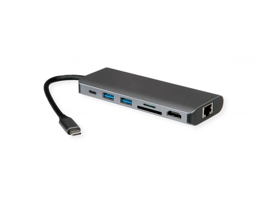 Imagine Docking station USB type C la HDMI 8K30Hz/2 x USB-A/1x SD/Micro SD/Gigabit + PD, Roline 12.02.1123