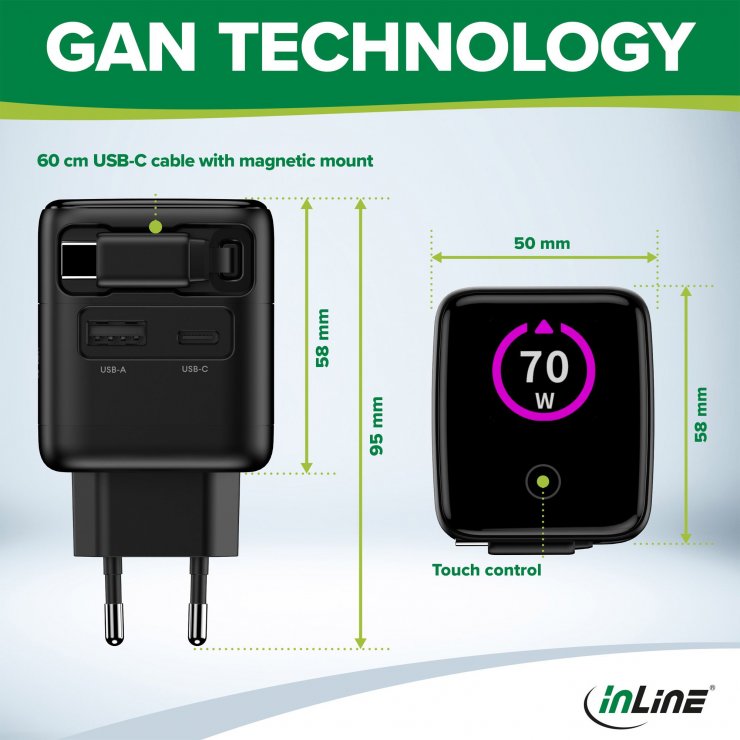 Imagine Incarcator priza USB-C PD + USB-A QC 70W + cablu 60cm, InLine IL31507R