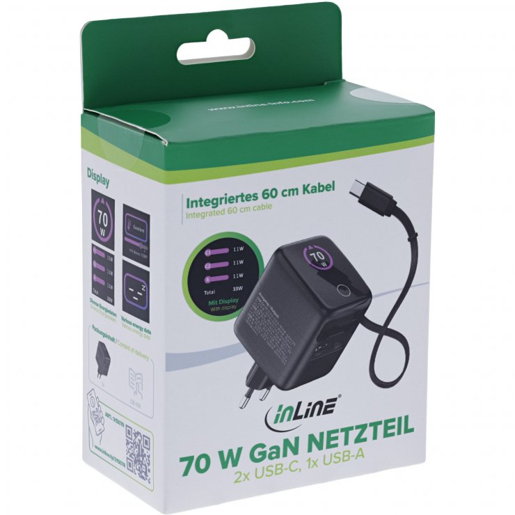 Imagine Incarcator priza USB-C PD + USB-A QC 70W + cablu 60cm, InLine IL31507R
