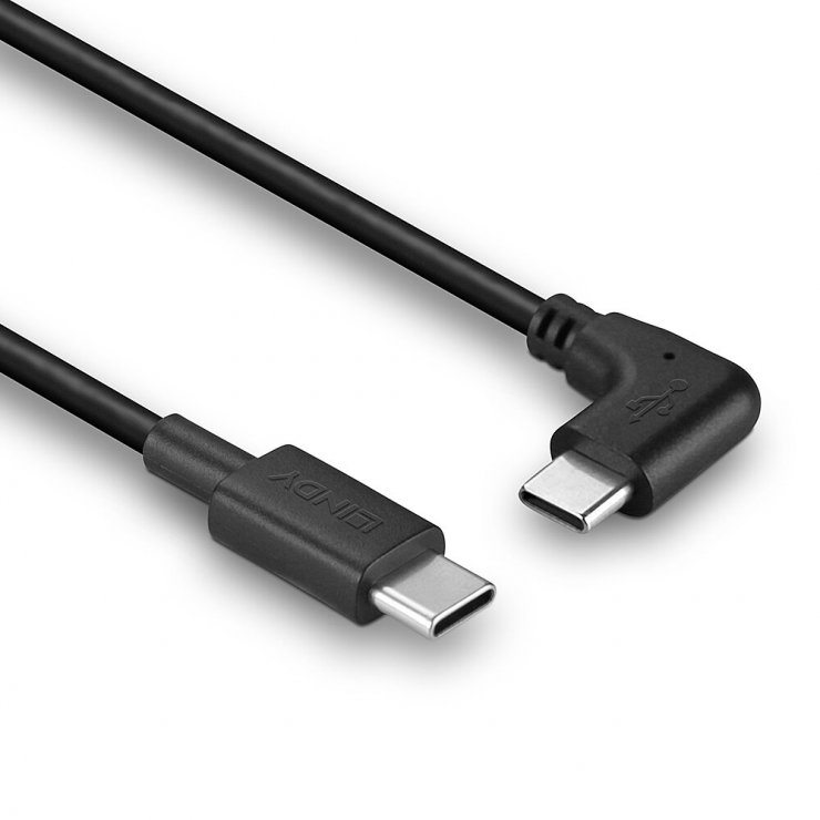 Imagine Cablu USB type C 2.0 drept/unghi 90 grade T-T 1m Negru, Lindy L32005