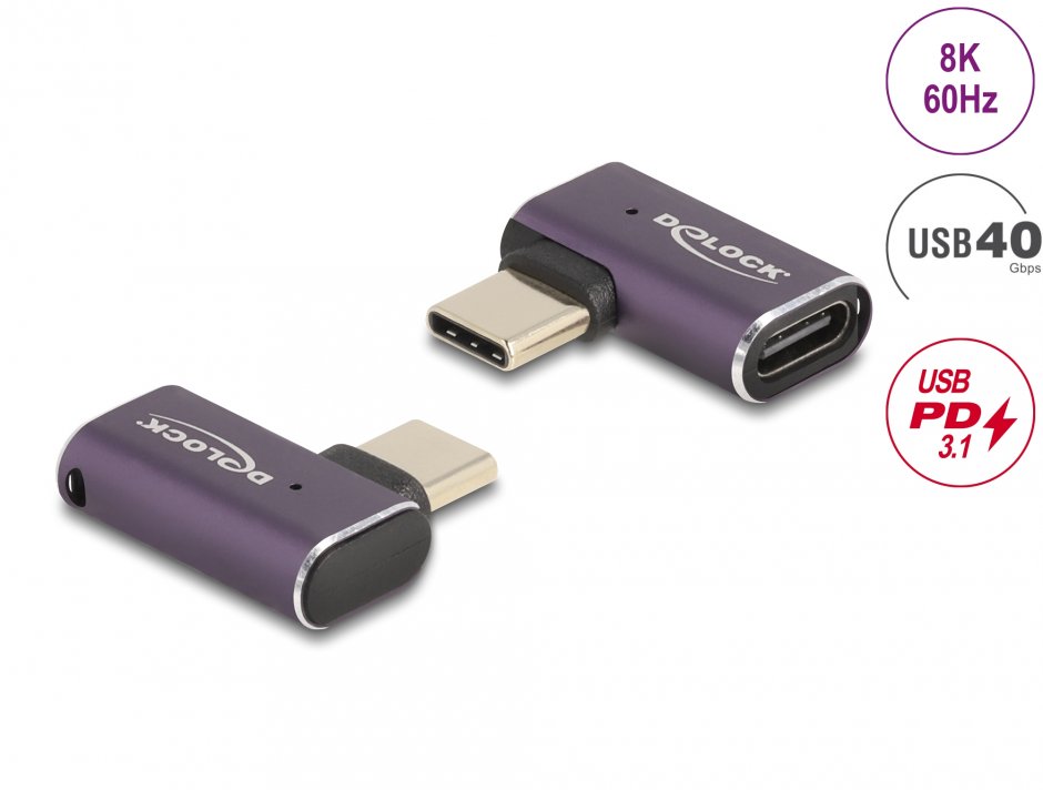 Imagine Adaptor USB 4 type C 8K60Hz/240W unghi 90 grade stanga/dreapta T-M, Delock 60287