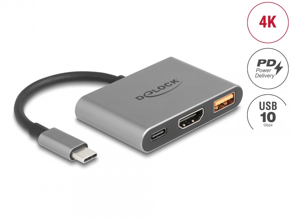 Imagine Adaptor USB type C la HDMI 4K30Hz + USB-A + USB Type C PD 90W, Delock 61071