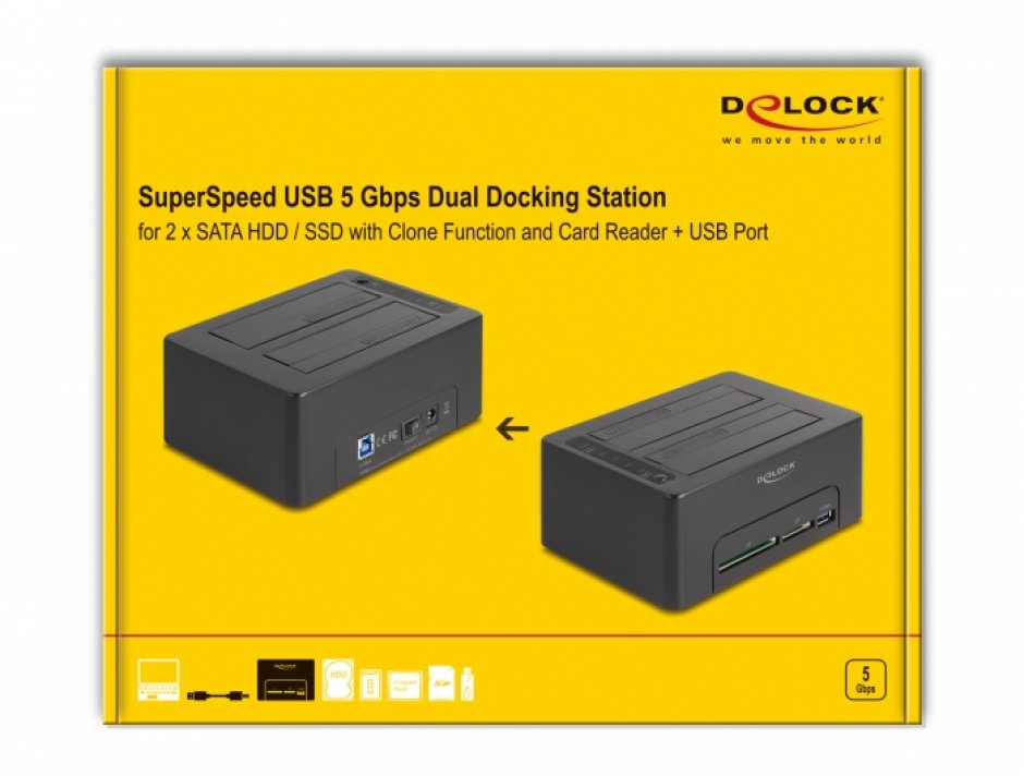 Imagine Docking station pentru 2 x SATA HDD/SSD cu Functie Clona + Card Reader + USB-A, Delock 64183