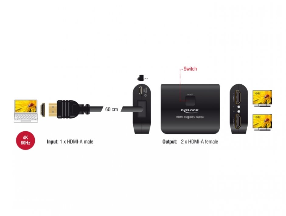 Imagine Switch HDMI 2 porturi 4K60Hz cu downscaler + cablu 0.6m, Delock 18650