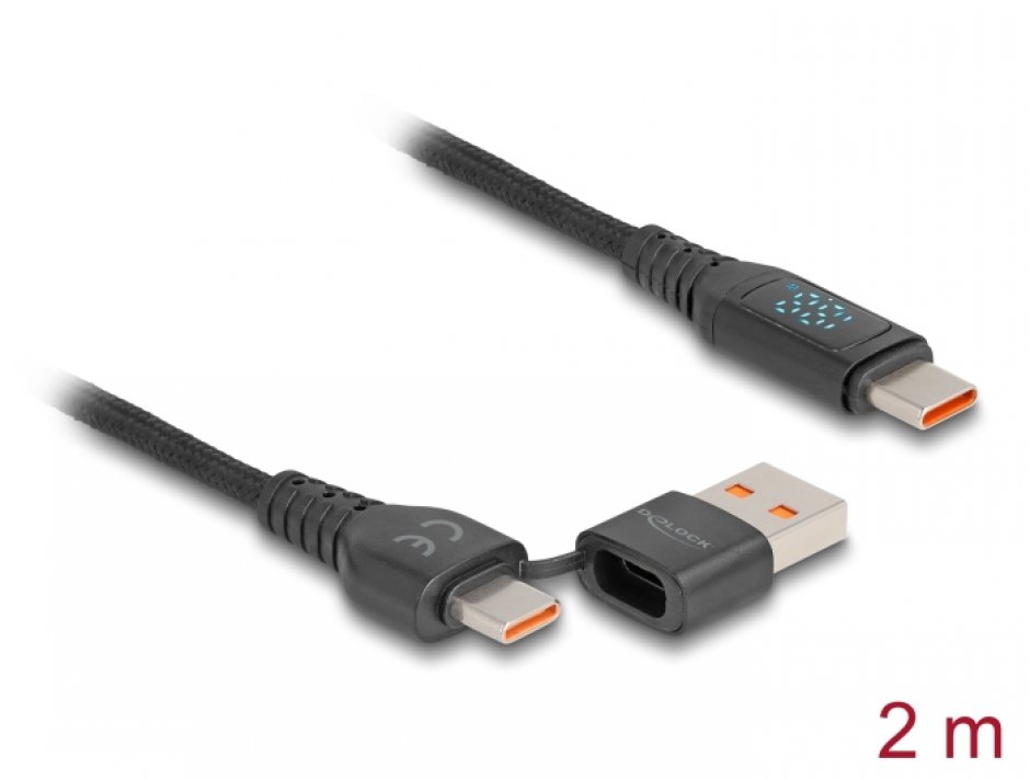 Imagine Cablu Fast charging USB 2.0 type C + adaptor USB-A la USB type C 140W cu indicator LED 1.2m, Delock 88137