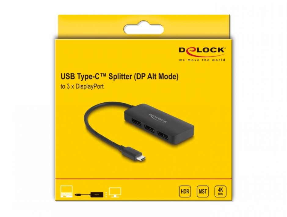 Imagine Multiplicator USB type C (DP Alt Mode) la 3 x DisplayPort MST 4K60Hz, Delock 88041