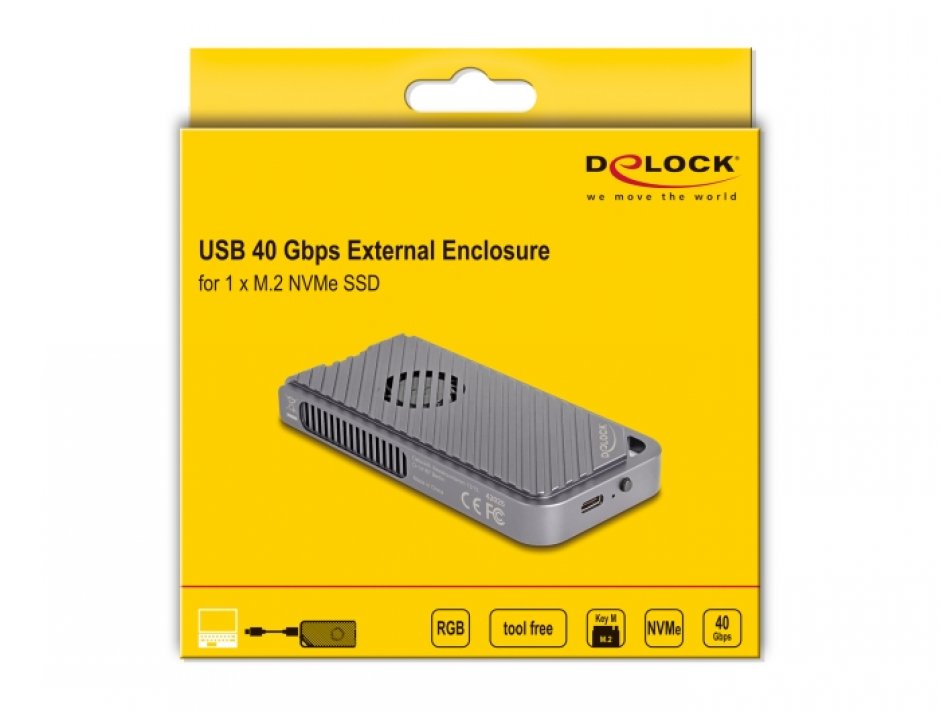 Imagine Rack extern USB 4 pentru M.2 NVMe SSD Gaming Style LED + Fan - tool free, Delock 42025