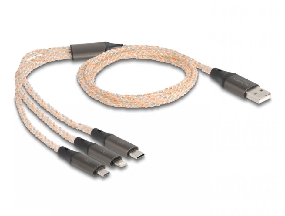 Imagine Cablu de incarcare 3 in 1 USB la Lightning/Micro USB/USB Type-C RGB 1.2m, Delock 88158