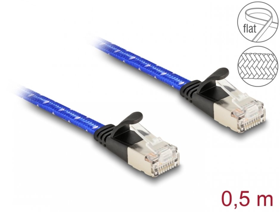 Imagine Cablu de retea brodat RJ45 Cat.6A Flat FTP 0.5m Albastru, Delock 80382