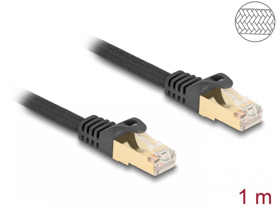 Imagine Cablu de retea RJ45 Cat.6A S/FTP 1m brodat Negru, Delock 80317