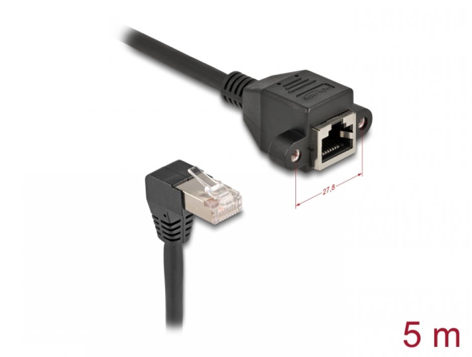 Imagine Cablu prelungitor de retea RJ45 cat.6A S/FTP drept/unghi 5m Negru, Delock 80314