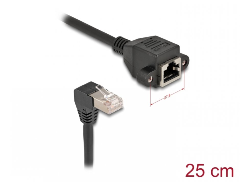 Imagine Cablu prelungitor de retea RJ45 cat.6A S/FTP drept/unghi 0.25m Negru, Delock 80309