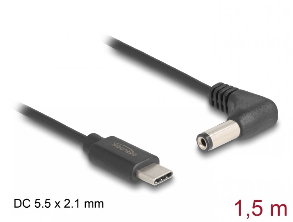 Imagine Cablu de alimentare USB type C la DC 5.5 x 2.1mm unghi T-T 1.5m, Delock 85398