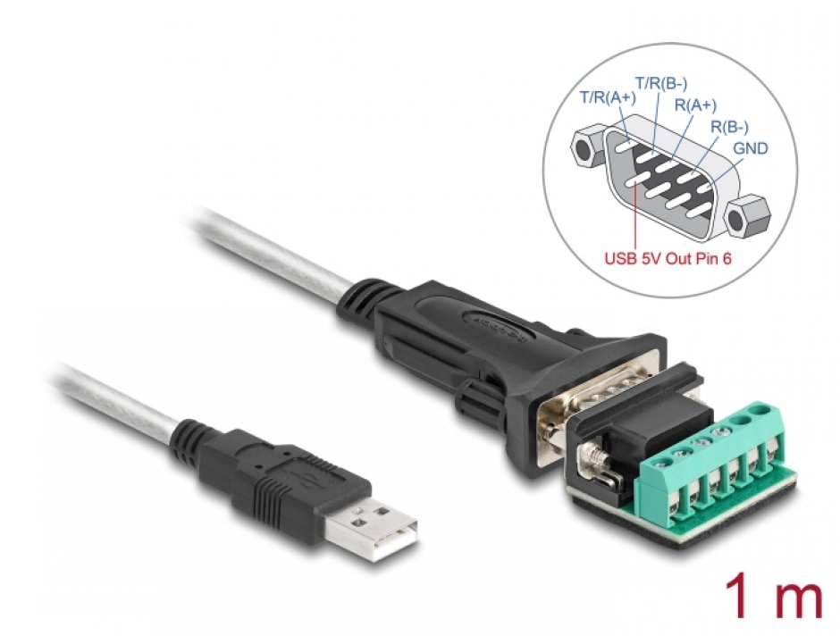 Imagine Adaptor USB 2.0-A la Serial RS-422/485 cu terminal block 5V 1m, Delock 64268