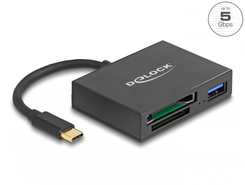 Imagine Cititor de carduri USB type C pentru carduri de memorie XQD / SD + USB-A, Delock 91711