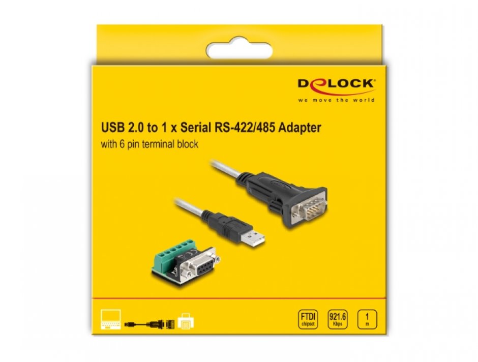 Imagine Adaptor USB 2.0-A la Serial RS-422/485 cu terminal block 5V 1m, Delock 64268