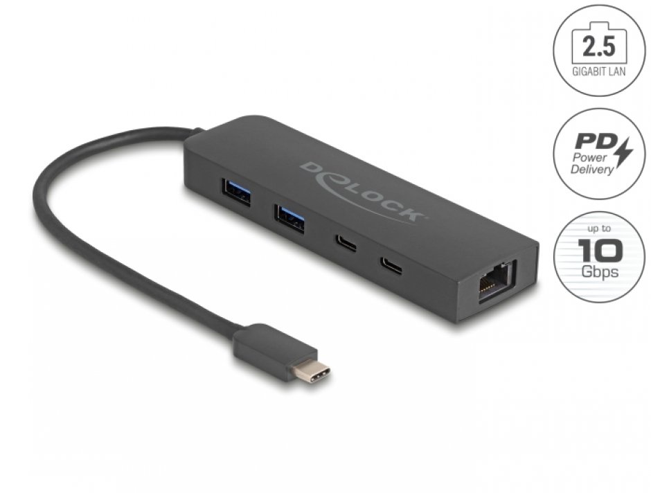 Imagine HUB USB 3.2 type C la 1 x USB-C + 2 x USB-A + 2.5 Gigabit LAN + PD 85W, Delock 64110