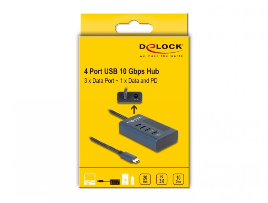 Imagine HUB USB 3.2 Gen2 type C la 3 x USB type C + 1 x USB type C PD 20W 0.6m, Delock 64189