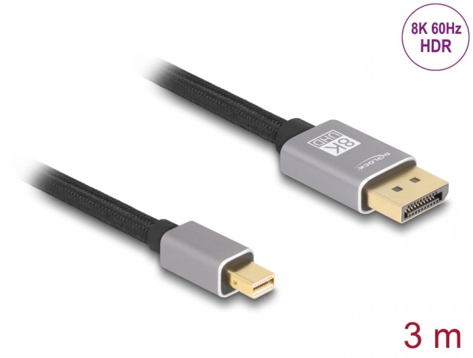 Imagine Cablu mini Displayport la Displayport 8K60Hz/4K240Hz 3m Negru/Argintiu, Delock 81093