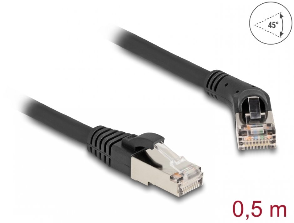 Imagine Cablu de retea RJ45 6A S/FTP drept/unghi 45 grade dreapta 0.5m Negru, Delock 80488