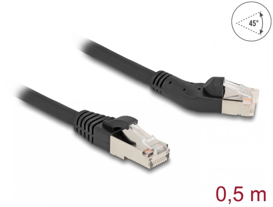 Imagine Cablu de retea RJ45 6A S/FTP drept/unghi stanga 45 grade 0.5m Negru, Delock 80598