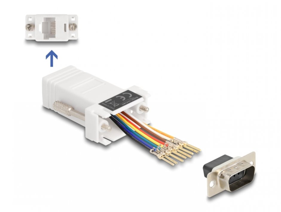 Imagine Adaptor Assembly Kit D-Sub 9 pini la RJ45 T-M Alb, Delock 67102