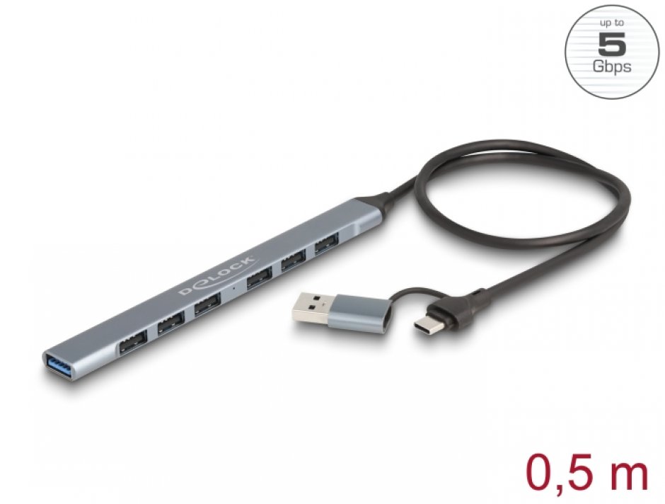 Imagine HUB USB type C/USB-A cu 1 x USB 3.2-A + 6 x USB 2.0-A, Delock 64273