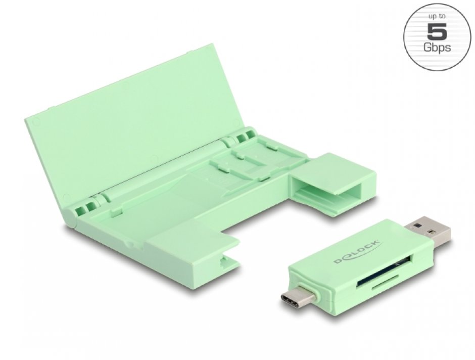 Imagine Cititor de carduri USB type C/USB-A 5Gbps la micro SD + SD + cutie depozitare Mint, Delock 91015