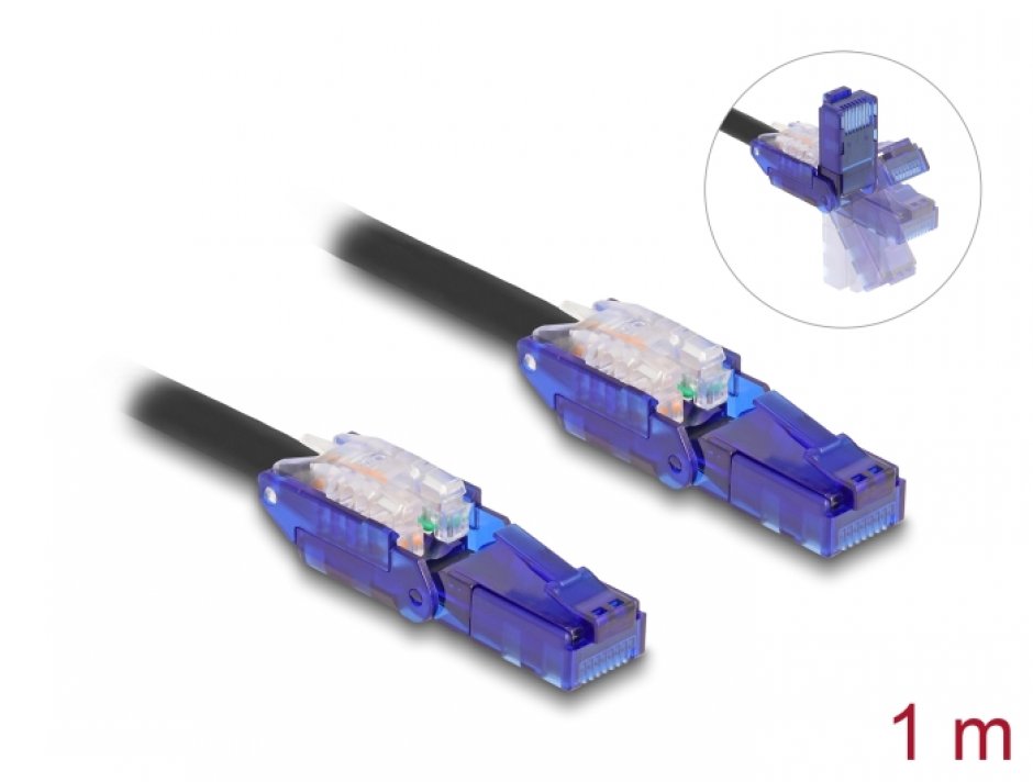 Imagine Cablu de retea RJ45 Cat.6 UTP conectori in unghi 180 grade 1m Negru, Delock 80926