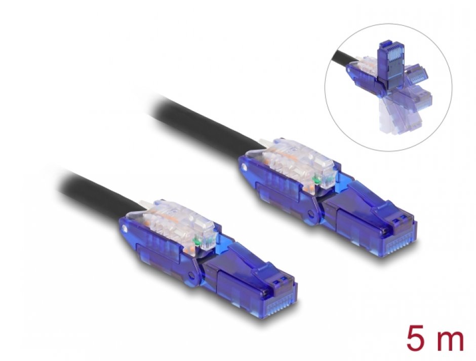 Imagine Cablu de retea RJ45 Cat.6 UTP conectori in unghi 180 grade 5m Negru, Delock 80929