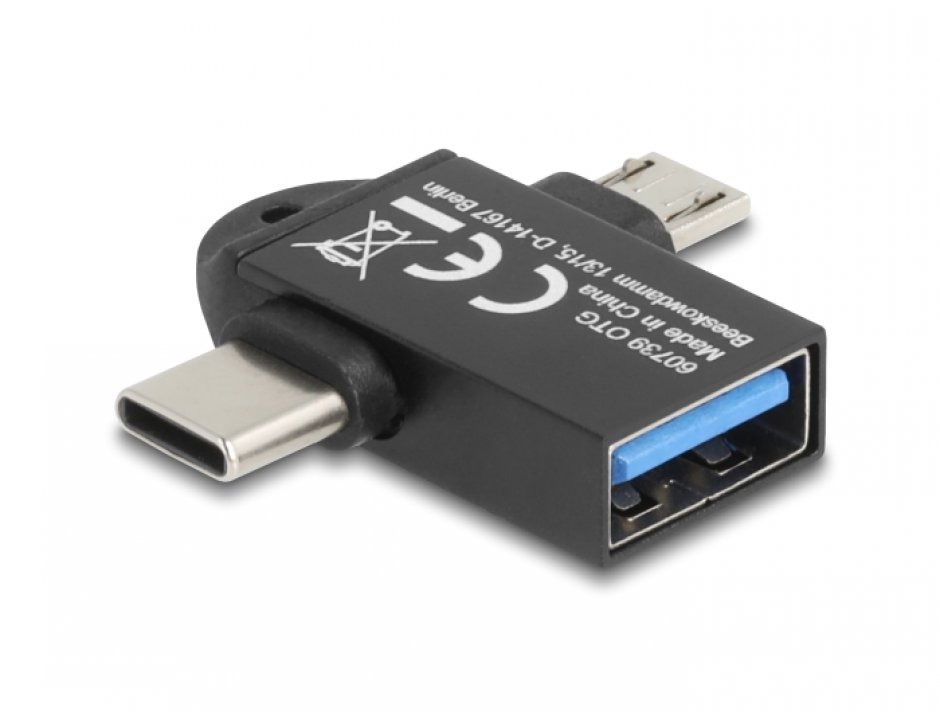 Imagine Adaptor OTG micro USB-B 2.0 + USB type C la USB-A T-M, Delock 60739