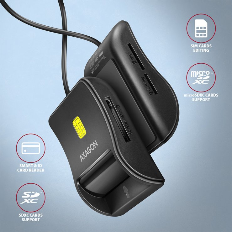 Imagine Cititor de carduri USB-A 2.0 la Smart Card/carte identitate + SD/microSD/SIM, Axagon CRE-SM3SD