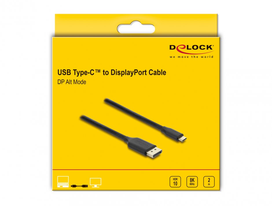 Imagine Cablu USB Type C la DisplayPort (DP Alt Mode) 8K60Hz cu HDR T-T 2m Negru, Delock 80165