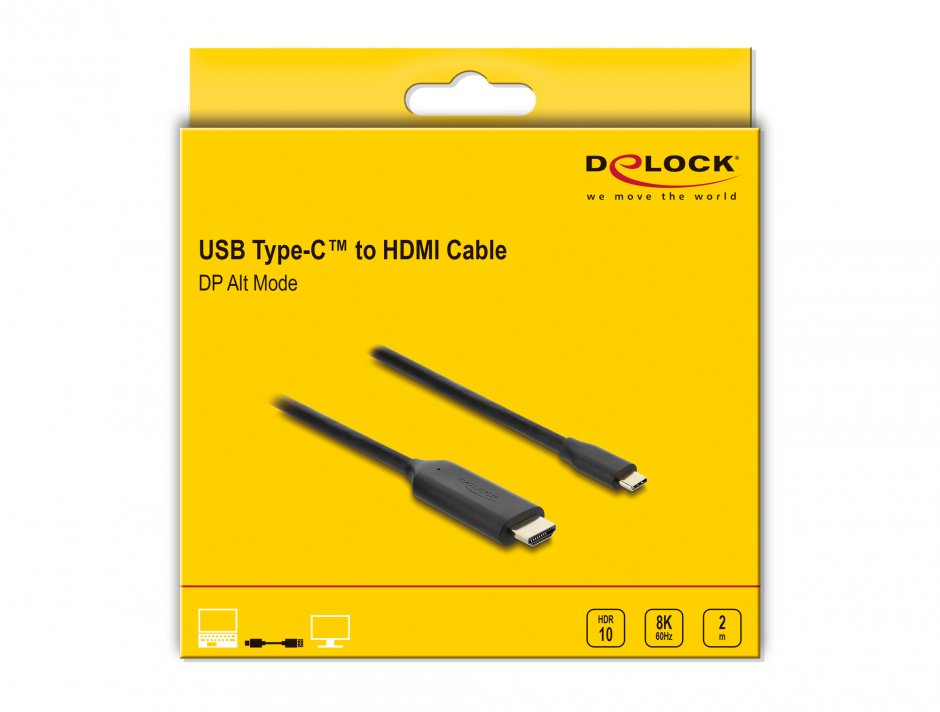 Imagine Cablu USB Type C la HDMI (DP Alt Mode) 8K60Hz cu HDR T-T 2m Negru, Delock 80599