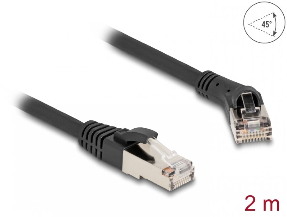 Imagine Cablu de retea RJ45 Cat.8.1 S/FTP drept/unghi 45 grade dreapta 2m Negru, Delock 80639