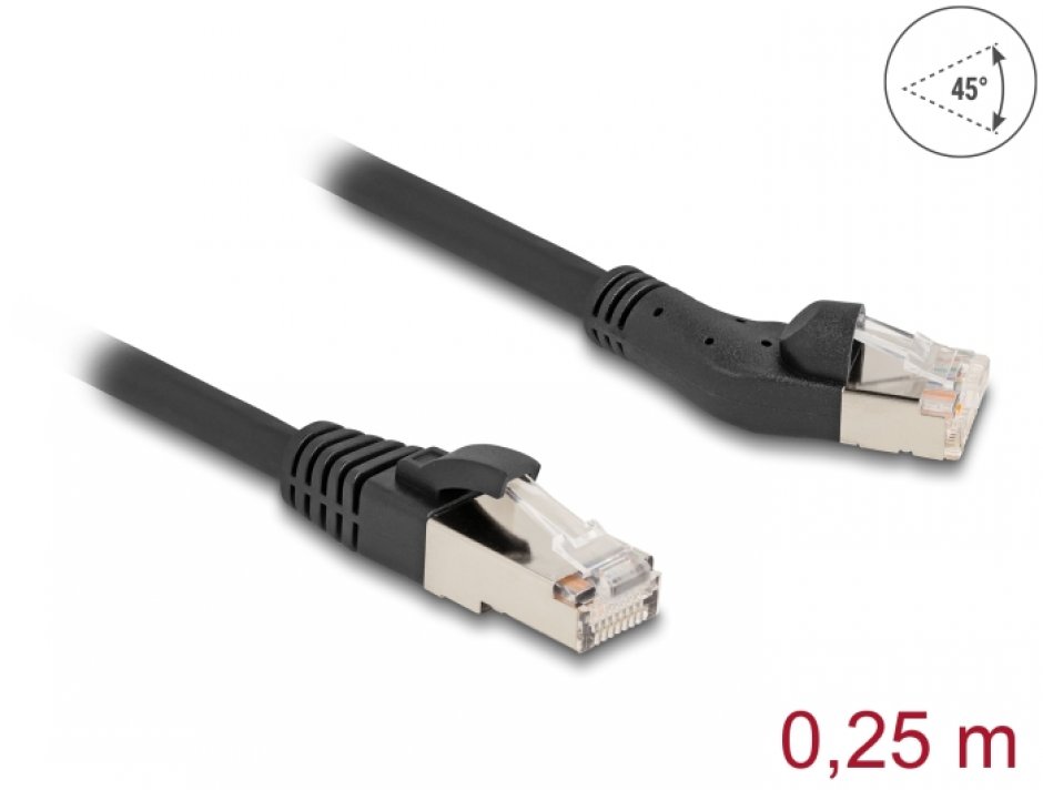 Imagine Cablu de retea RJ45 Cat.8.1 S/FTP drept/unghi 45 grade stanga 0.25m Negru, Delock 80734