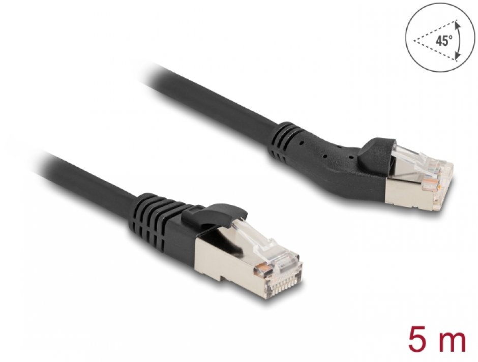 Imagine Cablu de retea RJ45 Cat.8.1 S/FTP drept/unghi 45 grade stanga 5m Negru, Delock 80755