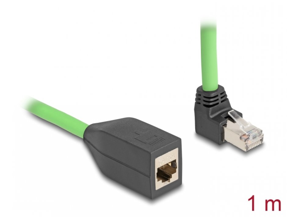 Imagine Cablu prelungitor de retea RJ45 Cat.6A SFTP drept/unghi sus TPU 1m Verde pentru medii industriale, Delock 80883