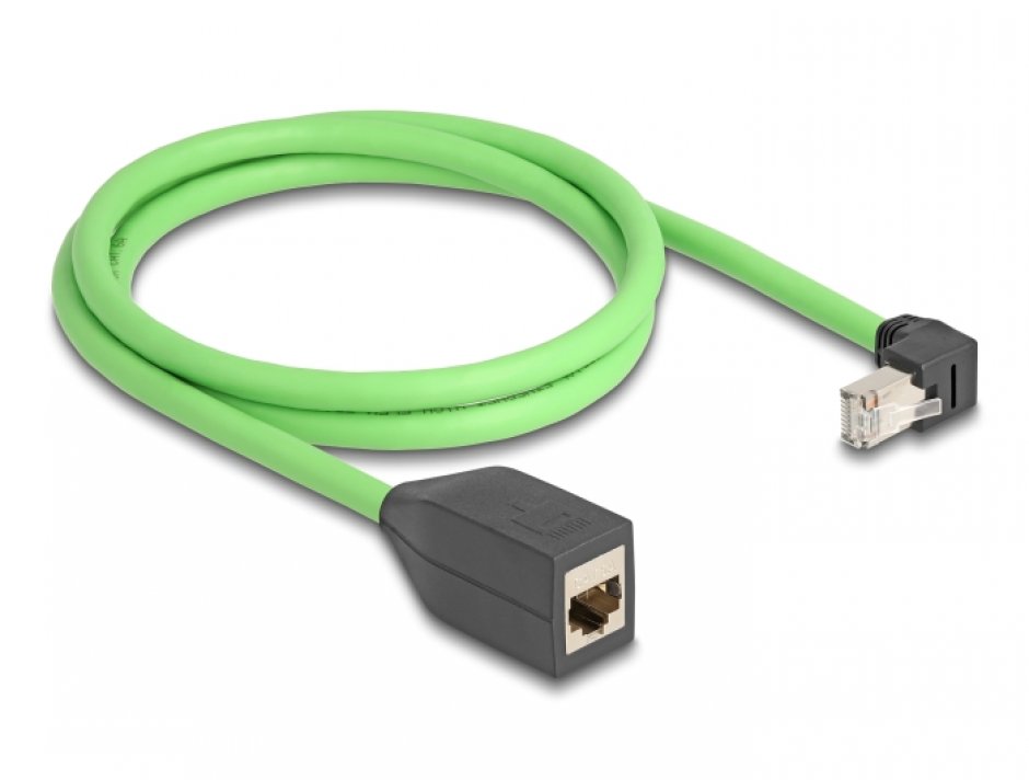 Imagine Cablu prelungitor de retea RJ45 Cat.6A SFTP drept/unghi jos TPU 1m Verde pentru medii industriale, Delock 80886