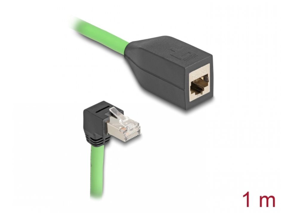 Imagine Cablu prelungitor de retea RJ45 Cat.6A SFTP drept/unghi jos TPU 1m Verde pentru medii industriale, Delock 80886