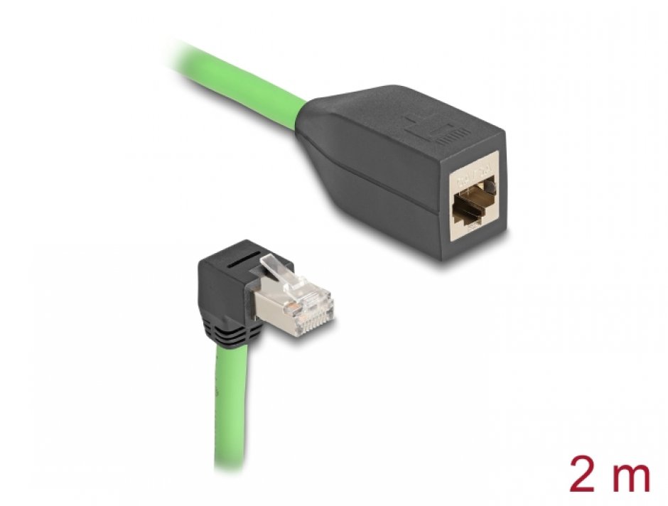 Imagine Cablu prelungitor de retea RJ45 Cat.6A SFTP drept/unghi jos TPU 2m Verde pentru medii industriale, Delock 80887